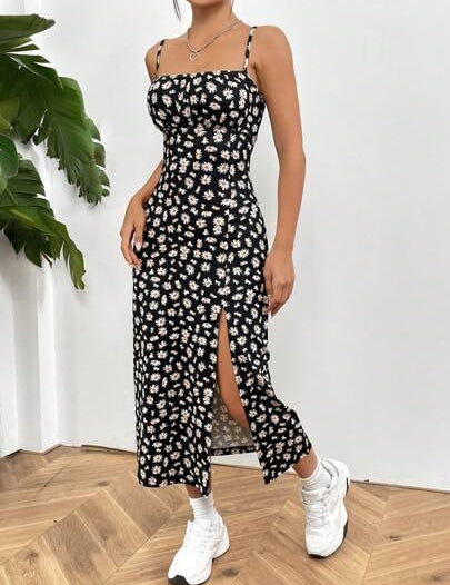 Vestido Longo De Verão Floral azul preto 