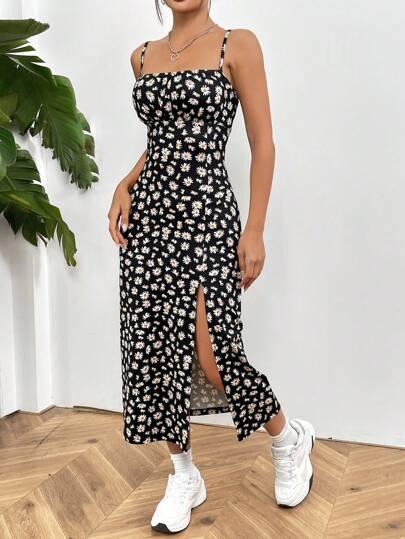 Vestido Longo De Verão Floral azul preto 