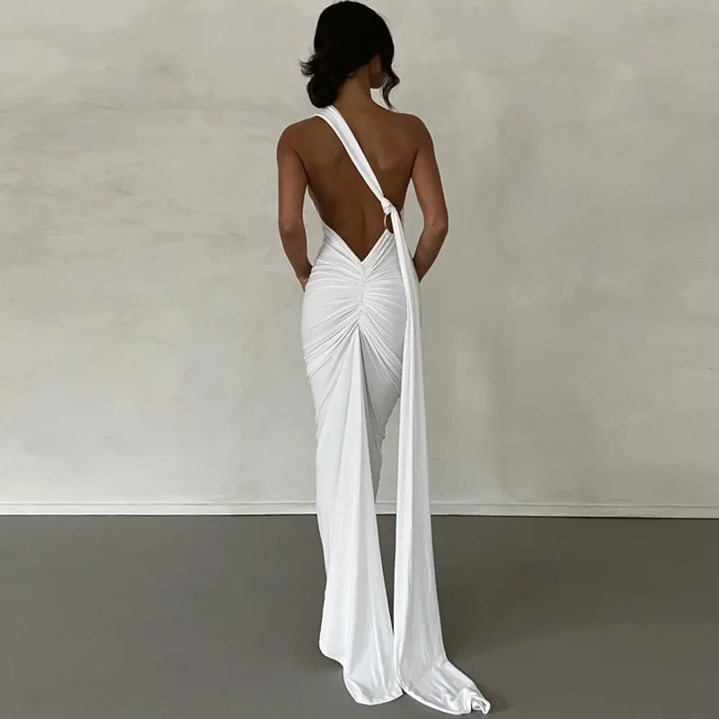 Vestido Longo Franzido branco  ombro oblíquo