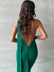 Vestido Longo Franzido verde ombro oblíquo