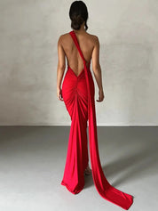 Vestido Longo Franzido vermelho ombro oblíquo