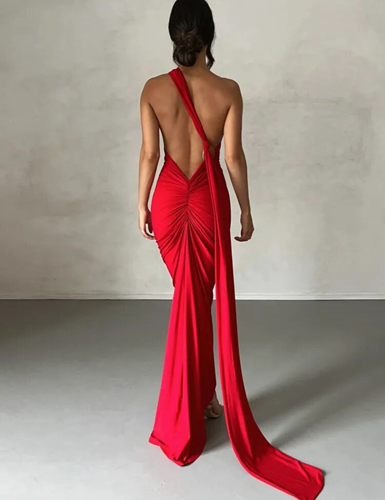 Vestido Longo Franzido vermelho ombro oblíquo