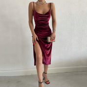Vestido Longo de Veludo elegante sem mangas feminino vinho
