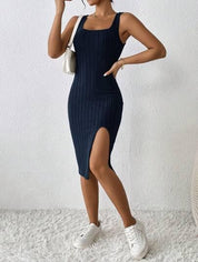 Vestido de Verão Com Fenda Na Coxa azul escuro