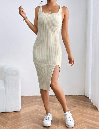 Vestido de Verão Com Fenda Na Coxa cinza 