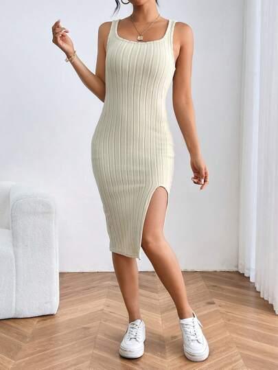 Vestido de Verão Com Fenda Na Coxa cinza 