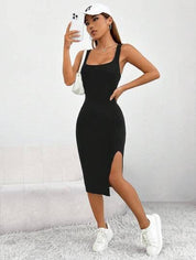Vestido de Verão Com Fenda Na Coxa preto