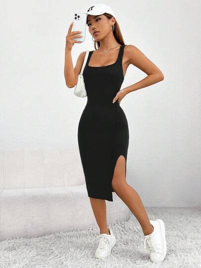 Vestido de Verão Com Fenda Na Coxa preto