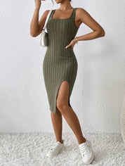 Vestido de Verão Com Fenda Na Coxa verde escuro