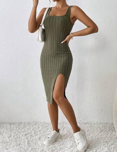 Vestido de Verão Com Fenda Na Coxa verde escuro