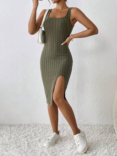 Vestido de Verão Com Fenda Na Coxa verde escuro