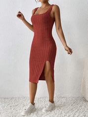 Vestido de Verão Com Fenda Na Coxa vermelho