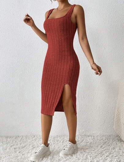 Vestido de Verão Com Fenda Na Coxa vermelho