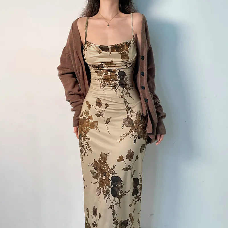Vestido longo Elegante floral bege
