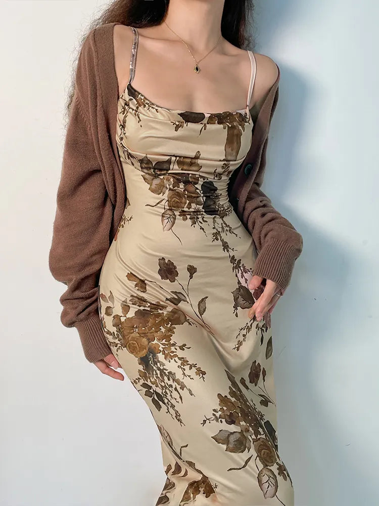 Vestido longo Vintage Elegante floral bege