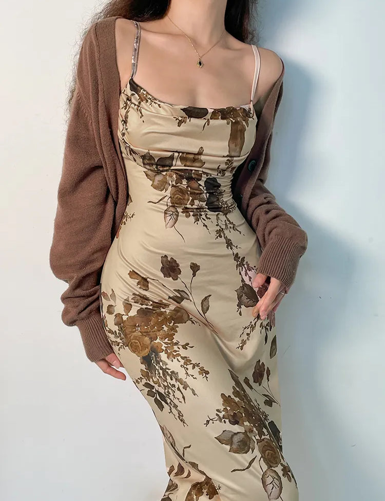 Vestido longo Vintage Elegante floral bege