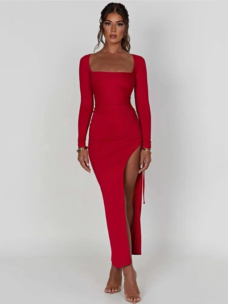 Vestido vermelho Bodycon Franzido manga longa e fenda