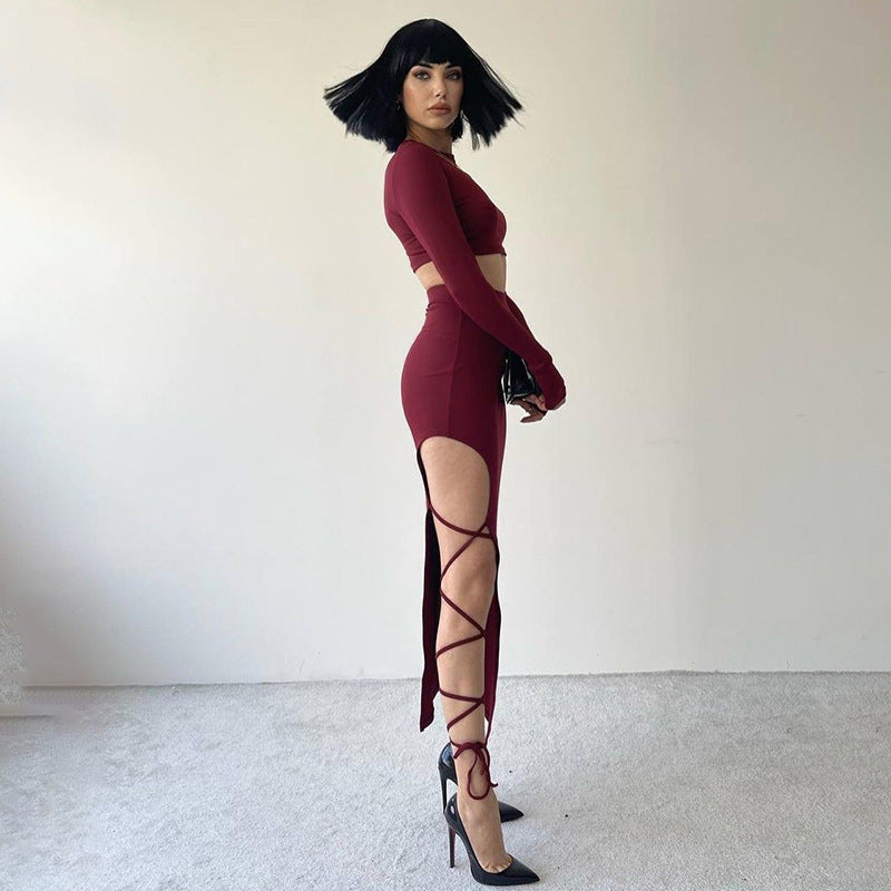 Vestido vinho de Manga Longa Simples Top e Metade Conjunto de Saia