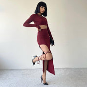 o Vestido de Manga Longa Simples Top e Metade Conjunto de Saia