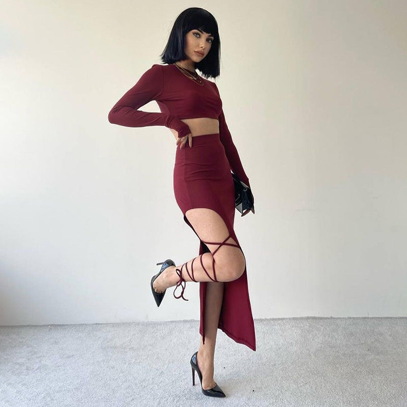 o Vestido de Manga Longa Simples Top e Metade Conjunto de Saia