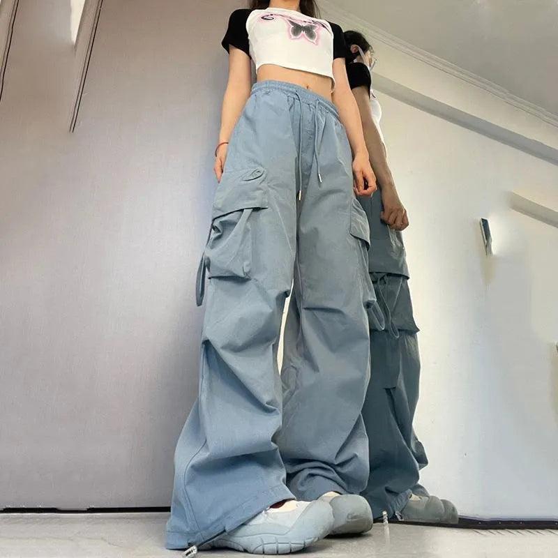 Calça Cargo de Cintura Alta Streetwear azul