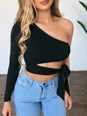 Cropped Sexy Manga longa de um ombro