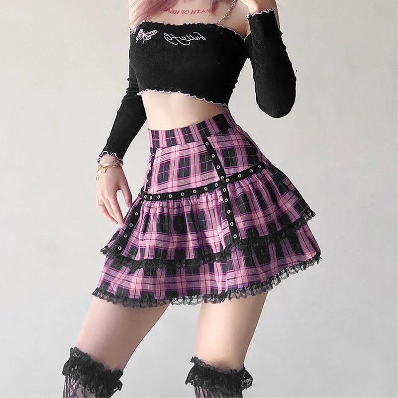 Mini Saia Gótica Japonesa rosa xadrez