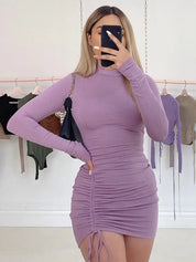 Vestido Bodycon Feminino rosa manga comprida e gola alta